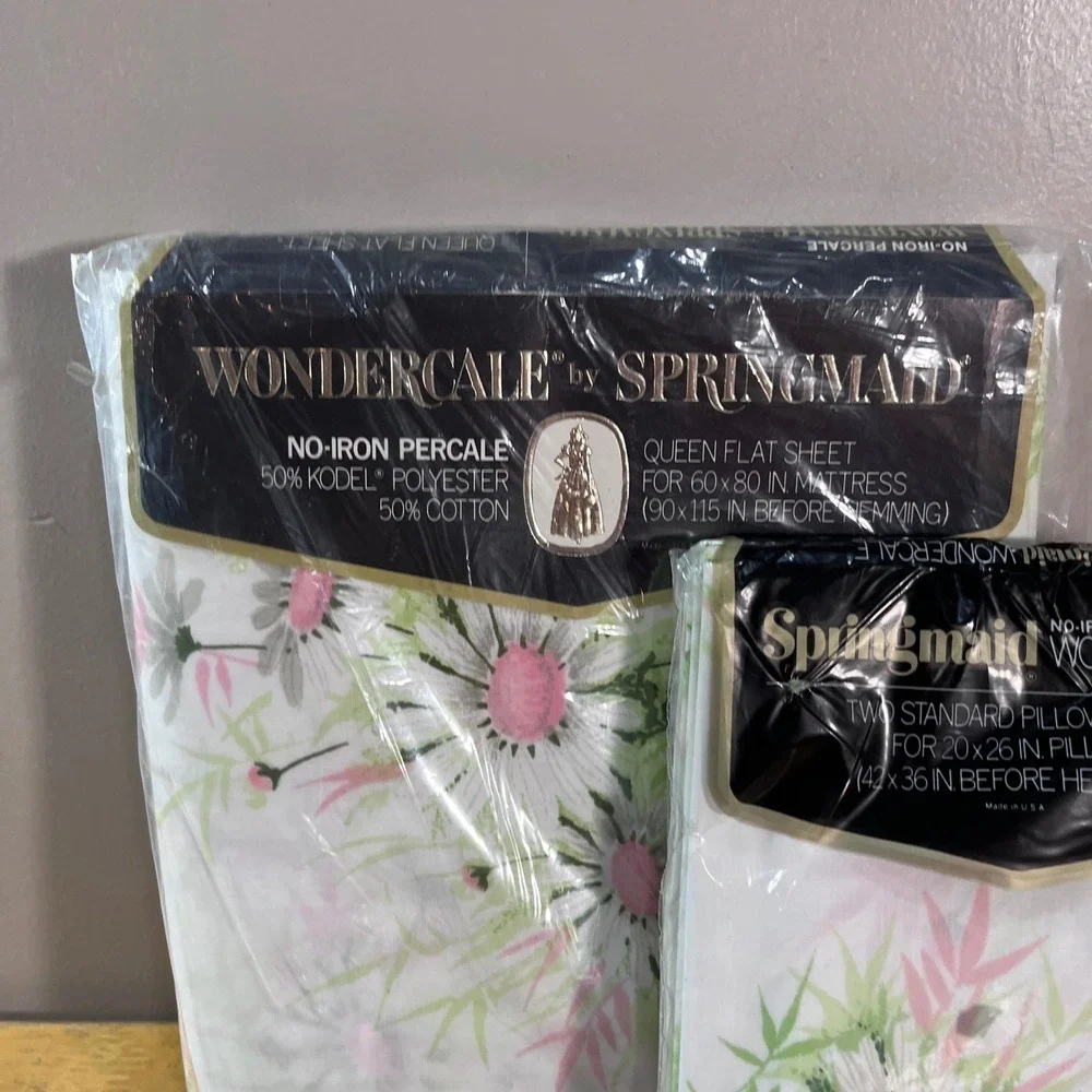 Vtg Springmaid Wondercale Queen Sheet Set Fresh Daisies Pink White Percale NIP